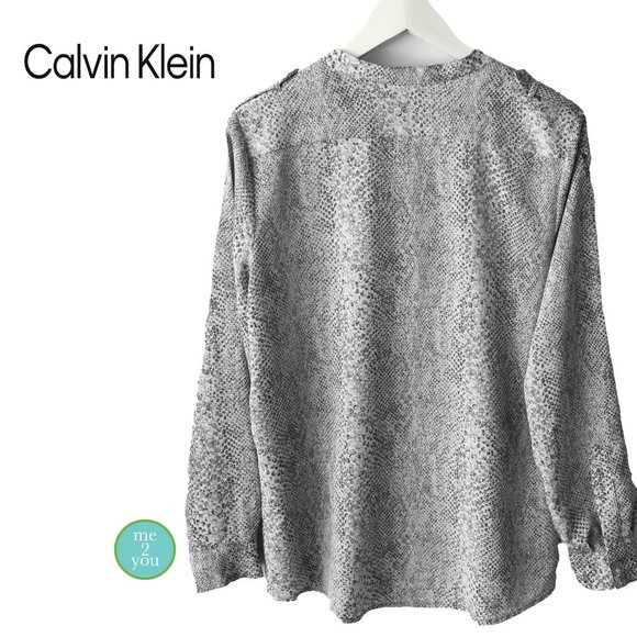 CALVIN KLEIN Gray Snakeskin Print Long Sleeve Blouse - Size Medium - Picture 3 of 9